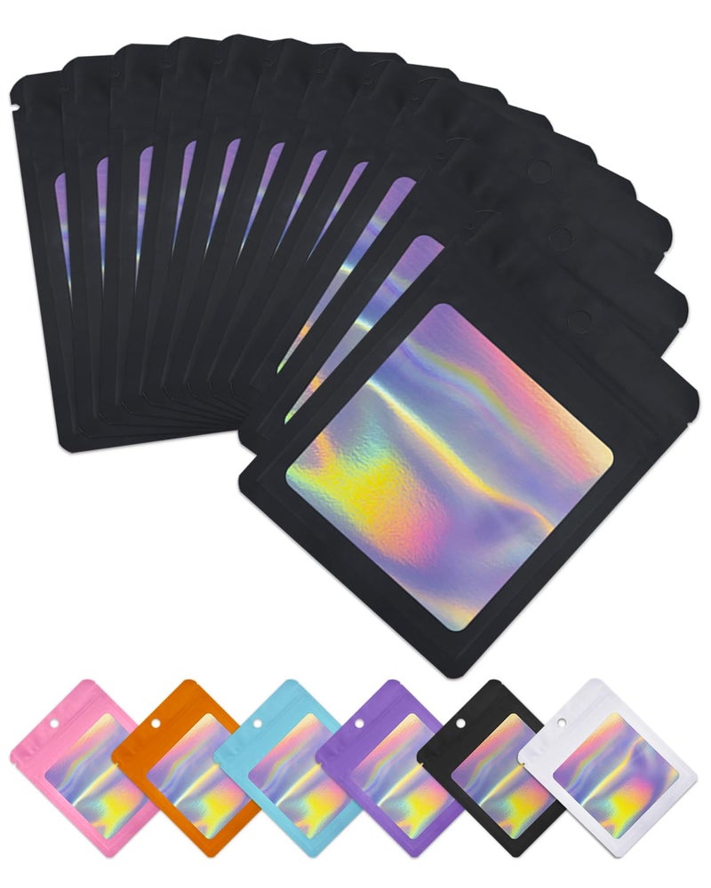 Holographic Candy Bags 300 PCS 3x47 Inch Black Resealable Packaging Bags with Clear Window for Food Storage Small Business Christmas